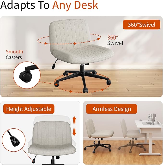 Criss Cross Chair with Wheels, 26" Wide Cross Legged Office Chair with Adjustable Height, Armless Fabric Swivel Vanity Chair for Home Office, Bedroom, Makeup & Long Hours Sitting (Beige)