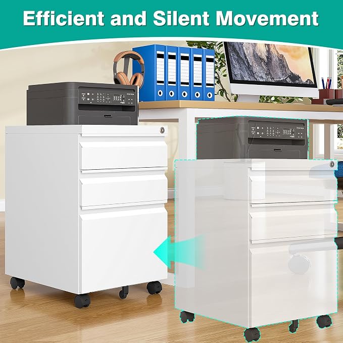 Assembled 3 Drawer File Cabinet with Wheels,Under Desk File Cabinet with Lock,White Rolling Filing Cabinets, Metal Filing Cabinets for Home Office,Fit A4/Letter/Legal,Pre-Assembled Except Caster