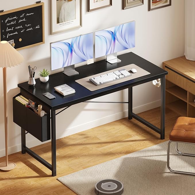 OLIXIS 55 Inch Computer Desk for Home Office, Writing Study Craft Gaming Table, Modern Computer Workstation with Storage Bag and Headphone Hook for Bedroom Small Spaces, Black