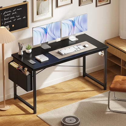 OLIXIS 55 Inch Computer Desk for Home Office, Writing Study Craft Gaming Table, Modern Computer Workstation with Storage Bag and Headphone Hook for Bedroom Small Spaces, Black