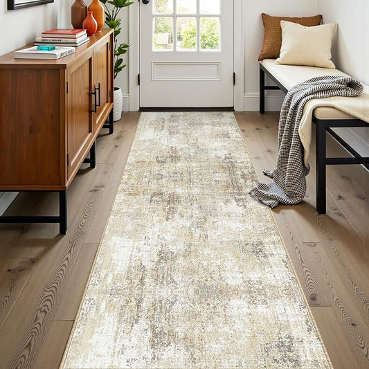 RELEANY Washable Area Rugs 2'x8' Non-Slip Modern Abstract Soft for Living Room Entryway Bedroom Kitchen, Print Pattern, Neutral Brown Gray