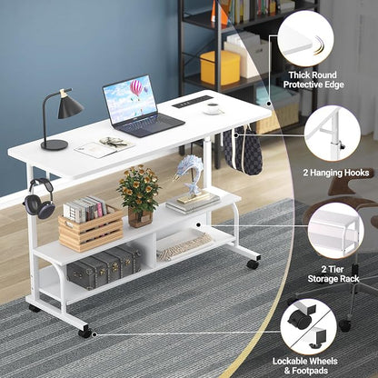 Armocity Rolling Standing Desk with Charging Station, Portable Height Adjustable Mobile Computer Desk with Wheels & 2-Tier Shelves & Hooks, Easy Assembly Laptop Table for Couch Bed, 47" White