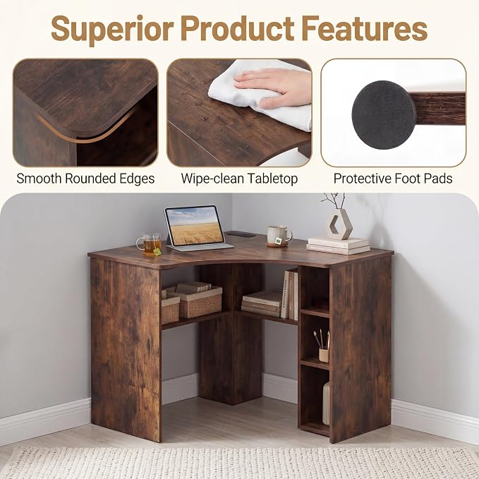 Giantex Corner Desk, Triangle Computer Desk with Charging Station, Open Storage Shelves and Curved Edge, Industrial Space Saving Writing Desk for Small Spaces, Home Office, Bedroom
