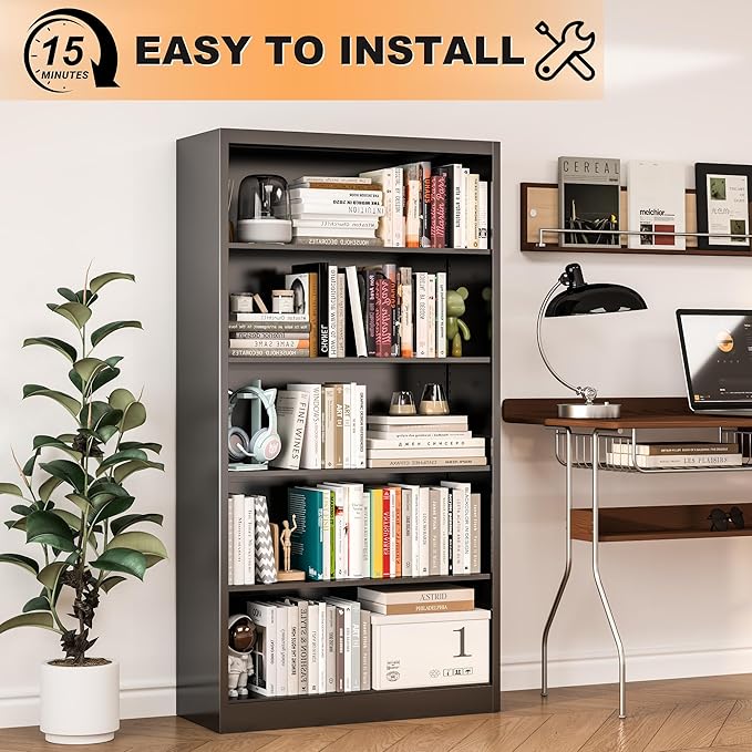 VASAAOSD 66" Tall Metal Bookcase, 5 Shelf Black Bookcase with Adjustable Shelves, Large Bookshelves and Bookcases, Modern Book Shelf Storage Organizer for Living Room, Home Office, Library (Black)