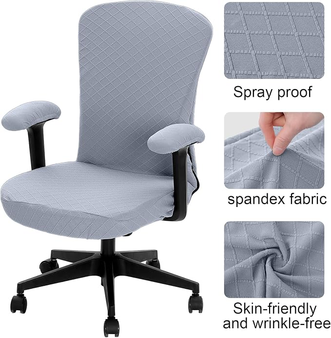 Tatuo 3 Pcs Computer Office Chair Cover Universal Rotating Chair Slipcovers Protector Removable Washable Office Armrest Covers with Zipper for High Back Seat Backrest(M,Argyle,Silver)
