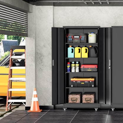 INTERGREAT Metal Storage Cabinet with Wheels, 72" Garage Storage Cabinets with Door and 4 Shelves, Tool Storage Locker on Caster for Home, Office, Black