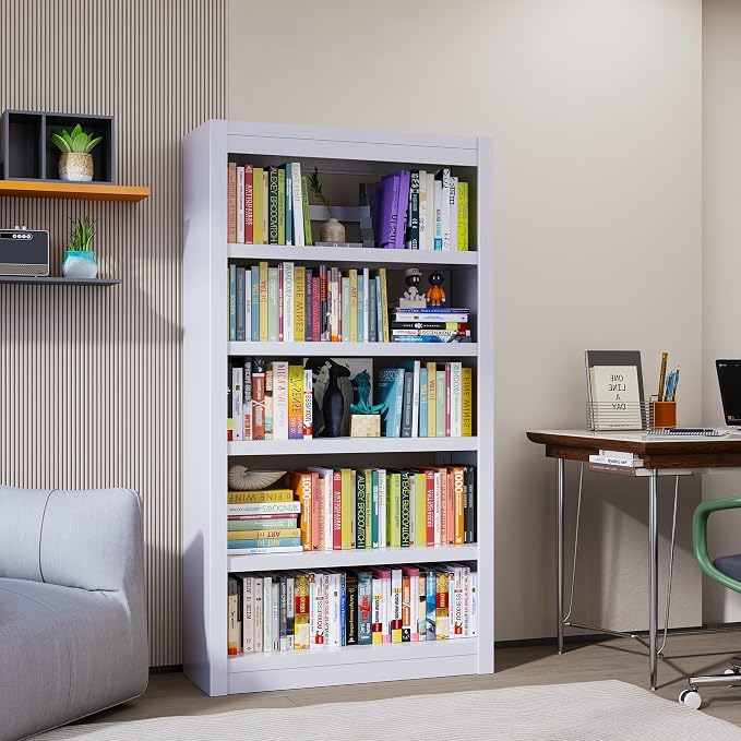 OSEILLC Metal Bookshelf, 5-Tier Bookcase, Modern Bookshelves with Adjustable Shelves, White Bookshelf for Home Office, Living Room, Garage, Small Space Living