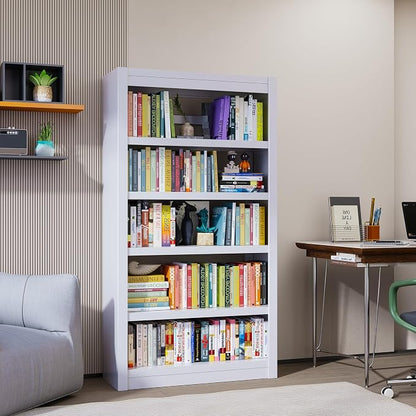 OSEILLC Metal Bookshelf, 5-Tier Bookcase, Modern Bookshelves with Adjustable Shelves, White Bookshelf for Home Office, Living Room, Garage, Small Space Living