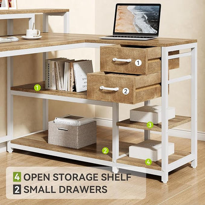 LITTLE TREE 55-Inch L-Shaped Computer Desk, Reversible Computer Desk with Drawers and Storage Shelves, Corner Desk Gaming Desk Work Desk for Home Office, Walnut