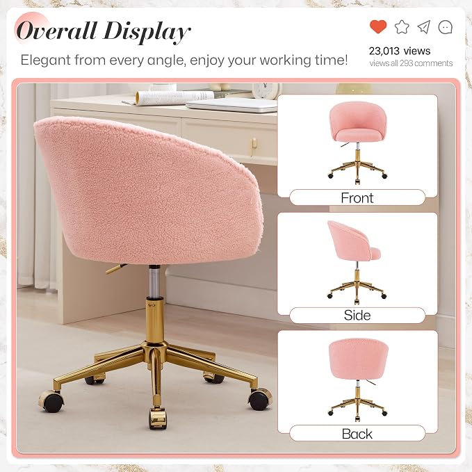 KCC Faux Fur Office Desk Chair, Comfy Fluffy Swivel Modern Leisure Armchair with Wheels, Upholstered Comfy Fuzzy Vanity Makeup Chair Height Adjustable for Teens Women Girls Elegant Home Office(Pink)