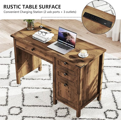 Small Farmhouse Executive Desk with Drawers, 45 Inch Vintage Computer Desk with Storage for Home Office, Bedroom & Study, Light Brown