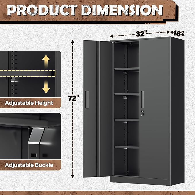 INTERGREAT Metal Storage Cabinet, 72” H Storage Cabinet with 2 Doors and 4 Adjustable Shelves for Office, Home, Garage, Pantry (Assembly Required, Black)