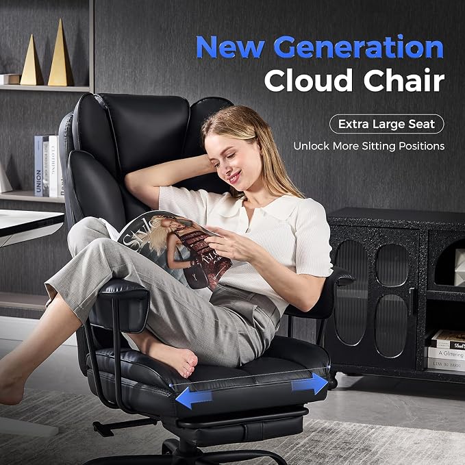 amseatec Big and Tall Office Desk Chair - Wide Ergonomic Executive with Footrest, High Back Lumbar Support Reclining Gaming Computer Chair for Heavy People (Black)