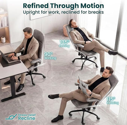 NEO CHAIR Ergonomic Leather Office Desk Chair with Adjustable Height Armrests High Back Lumbar Support Swivel Executive Computer Chair with Wheels Comfy Home Office Chair for Adults (Grey)