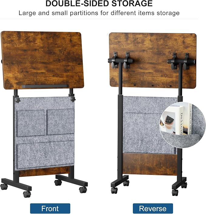KOUPA Height Adjustable Standing Desk with Storage Bag widths16 in Length 24 in, Portable Rolling Mobile Stand Up Table with Wheels, 360 Degree Flip Laptop Computer Desk for Home Office, Rustic Brown