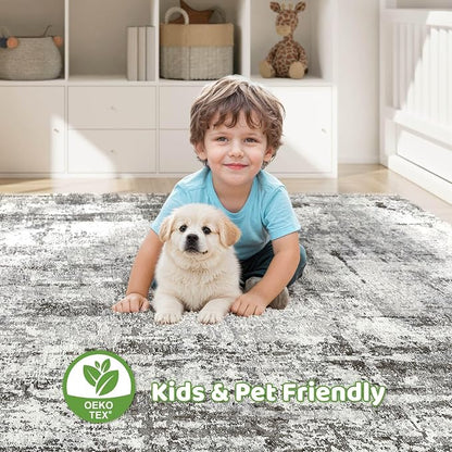 Area Rugs 9x12 Living Room: Washable Large Abstract Neutral Modern Soft Gray Rug Stain Resistant Indoor Floor Non-Slip Accent Carpet for Bedroom Nursery Playroom Office Dining Room Home Decor