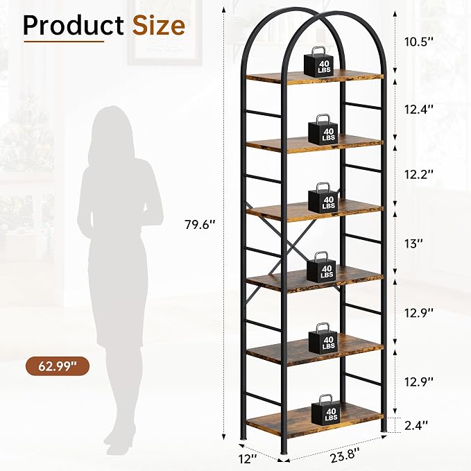 Shintenchi Arched Bookshelf, 6 Tier Bookcase, Tall Storage Shelf, Brown