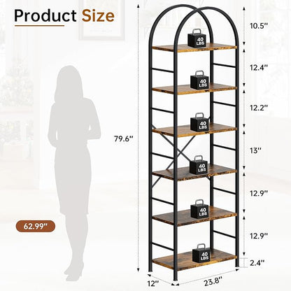 Shintenchi Arched Bookshelf, 6 Tier Bookcase, Tall Storage Shelf, Brown