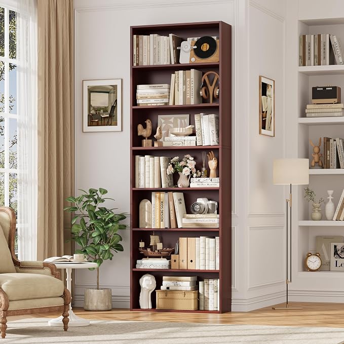 FACBOTALL 82" Tall Bookshelf, 7-Tier Open Shelves Bookcase, Freestanding Display Storage Shelves, Tall Bookcase Home Decor Furniture for Home Office, Living Room, Bedroom, Cherry