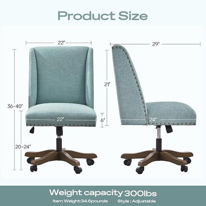 Zihanhome Armless Office Chair with Wooden Legs, Modern Adjustable Upholstered Home Office Desk Chair No Arms Sewing Chair Swivel Chair for Home Office Study Studio (Teal)