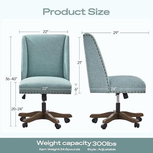 Zihanhome Armless Office Chair with Wooden Legs, Modern Adjustable Upholstered Home Office Desk Chair No Arms Sewing Chair Swivel Chair for Home Office Study Studio (Teal)
