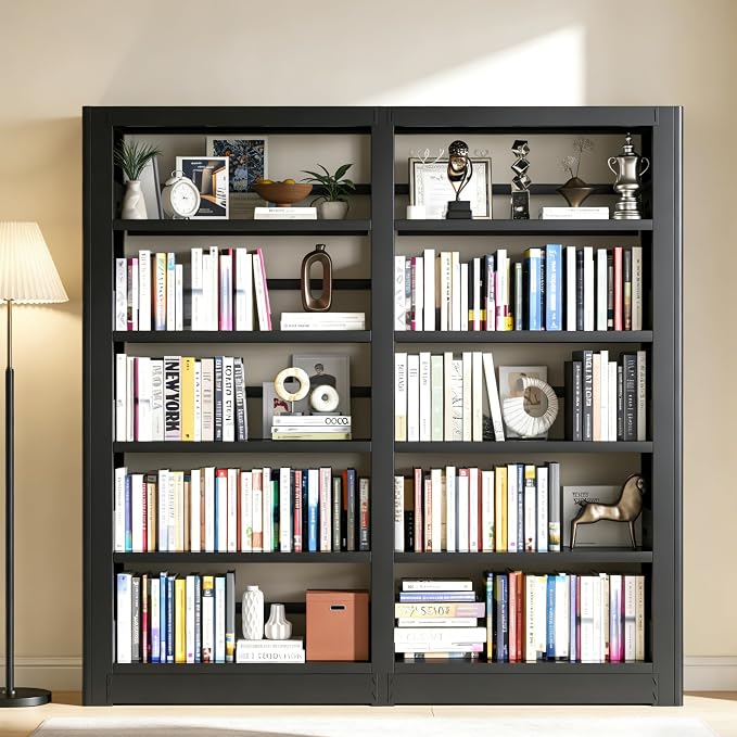 Bookshelf, Heavy Duty Metal Book Shelf, Industrial Tall BookShelves with Adjustable Shelves, 280lbs Shelf Capacity, Large Office Bookcase, Display Book Organizer for Living Room Library - 1+1 Set