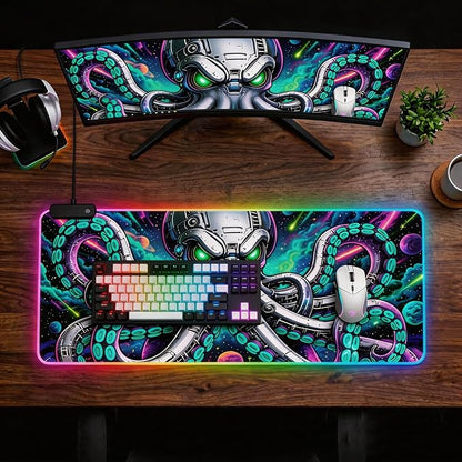 Cyberpunk Mechanical Octopus RGB Gaming Mouse Pad – 31.5"x11.8" XL LED Desk Mat with Neon Space Kraken Design, Upgraded Type-C Powered for PC & Laptop Setup