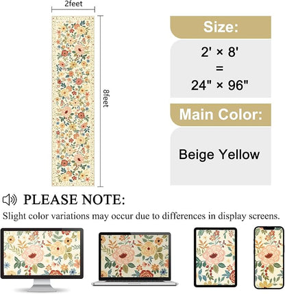 DUKINO 2x8 Runner Rug for Hallway, Washable Kitchen Runner Rug with Rubber Backing Non Slip, Low Pile Soft Boho Floral Thin Carpet for Entryway, Hallway, Bathroom, Laundry Room, Beige Yellow