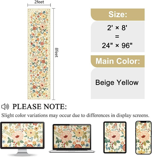 DUKINO 2x8 Runner Rug for Hallway, Washable Kitchen Runner Rug with Rubber Backing Non Slip, Low Pile Soft Boho Floral Thin Carpet for Entryway, Hallway, Bathroom, Laundry Room, Beige Yellow