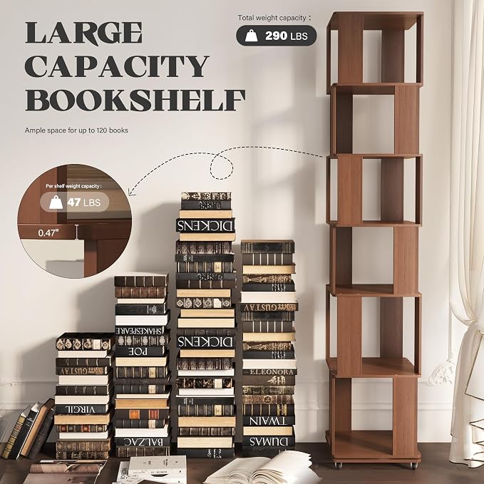 6 Tier Solid Wood Rotating Bookshelf Tower on Wheels, 360° Upgrade Spinning Book Shelf, Revolving Bookcase Organizer, Swivel Bookshelves for Small Spaces, Corner, Bedroom, Kids Room, Office (Brown)