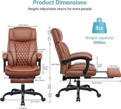 Executive Leather Office Chair, Big and Tall Office Chair with Footrest Home Office Desk Chairs, Ergonomic Computer Desk Chair with Lumbar Support, Reclining Desk Chair with Adjustable Angle