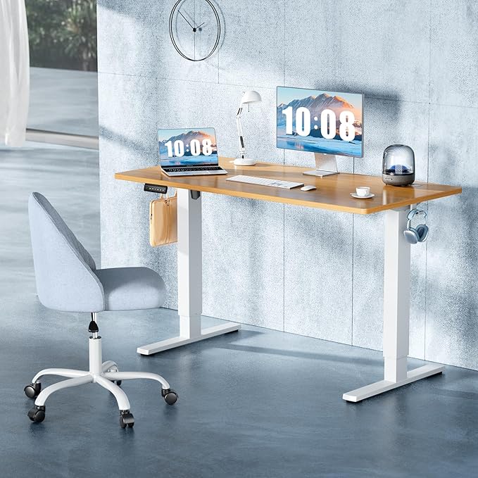 DUMOS 63 Inch Electric Standing Desk Height Adjustable, Sit to Stand Computer Workstations Large Work PC Table Home Office Writing Gaming Desks with Memory Presets for Walking Pad, Bedroom, Oak