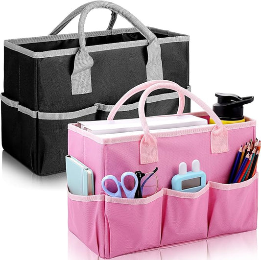 Tellingyou 2 Pcs Art Craft Tote Bag Teacher Craft Organizers and Storage Bag Desktop Tote Supply 600d Oxford Classroom Organizer Caddy Gift for Crafters Christmas Office(Black, Pink)