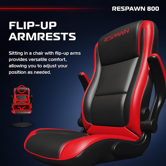 RESPAWN 3085 Ergonomic Gaming Chair for Adults, High Back Office Chair with Headrest and Flip Up Arms, Leather Racing Style Gaming Seat with Lumbar Support, Video Game Computer Desk Seat - Red