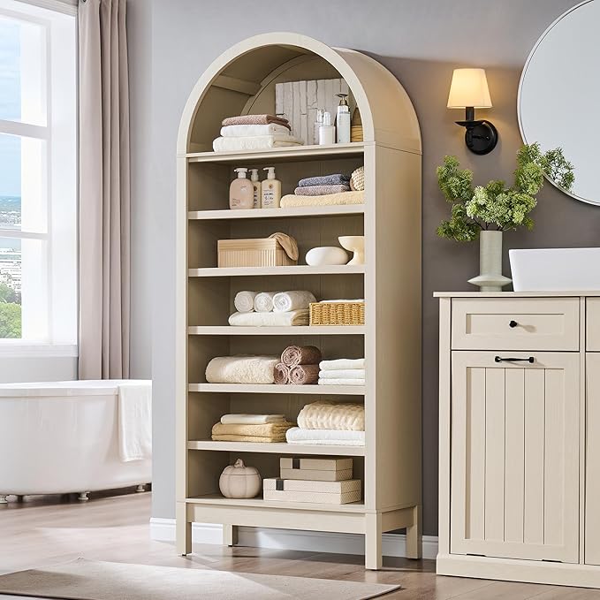 IFGET 71" Tall Arched Bookshelf, 7 Tiers Arch Bookcase with Storage, Modern Farmhouse Book Shelf with Adjustable Shelves, Wood Bookshelf w/Open Display Shelves for Living Room, Office (Cream)