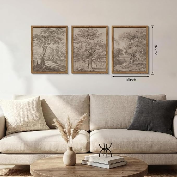 Vintage Landscape Framed Wall Art Set of 3, Neutral Nature Wabi Sabi Canvas Wall Decor Painting, Rustic Retro Botanical Tree Artwork Prints Pictures for Farmhouse Living Room Bedroom 16x24 Inch