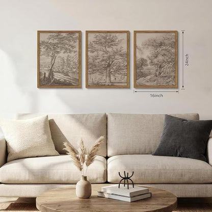 Vintage Landscape Framed Wall Art Set of 3, Neutral Nature Wabi Sabi Canvas Wall Decor Painting, Rustic Retro Botanical Tree Artwork Prints Pictures for Farmhouse Living Room Bedroom 16x24 Inch