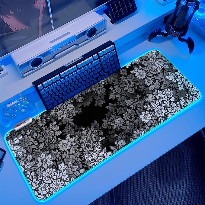 JMIYAV Black and White Mouse Pad RGB Gaming Mousepad 31.5x12 Inch PC XL Large Extended Glowing Led Light Up Desk Pad Non-Slip Rubber Base Computer Cute Mouse Mat Desk Accessories Gaming Setup 42-68
