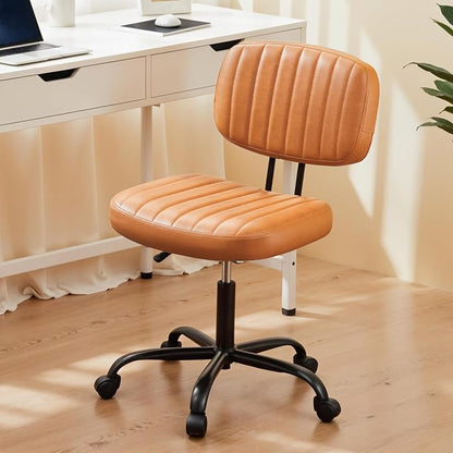YSSOA Small Desk Chair with Wheels, Armless Office Chair No Arms, Comfy PU Leather Computer Task Chair Swivel Rolling Chairs for Small Space, Home, Adults, Students, Beige White