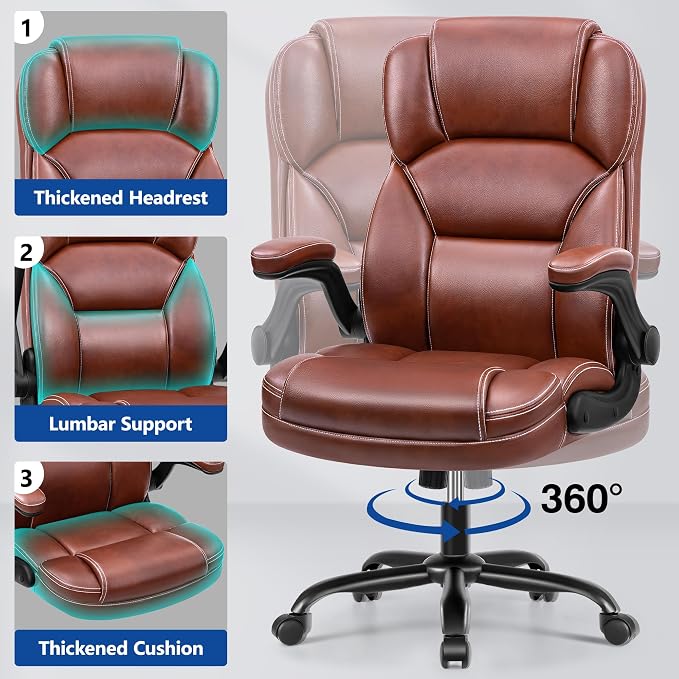 PU Leather Office Chair, Ergonomic High-Back Desk Computer & Gaming Chair with Adjustable Height, Rolling Swivel & Flip-Up Armrests, Comfy Padded Seat for Home Office-Brown