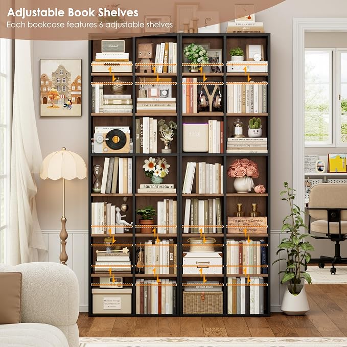 FOTOSOK 71'' Tall Bookshelf with 14 Cubes, 7 Tier Double Wide Wood Bookshelf with 6 Adjustable Shelves, 19.6" Narrow Bookcase DVD/CD Media Storage, Space Saving Display Shelf Cabinet, Black/Brown