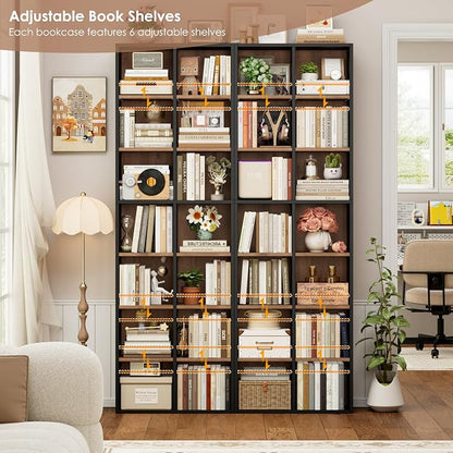 FOTOSOK 71'' Tall Bookshelf with 14 Cubes, 7 Tier Double Wide Wood Bookshelf with 6 Adjustable Shelves, 19.6" Narrow Bookcase DVD/CD Media Storage, Space Saving Display Shelf Cabinet, Black/Brown