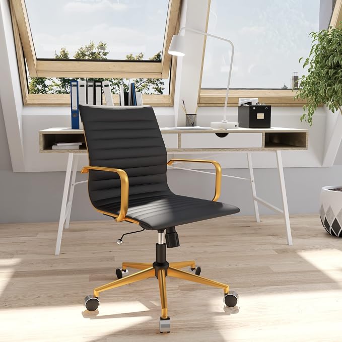 Black and Gold Office Chair with Arms, Faux Leather Ribbed Back, Adjustable Swivel Executive Chair for Home Office and Meeting Room