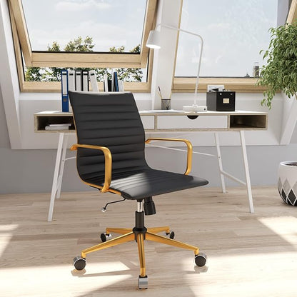 Black and Gold Office Chair with Arms, Faux Leather Ribbed Back, Adjustable Swivel Executive Chair for Home Office and Meeting Room