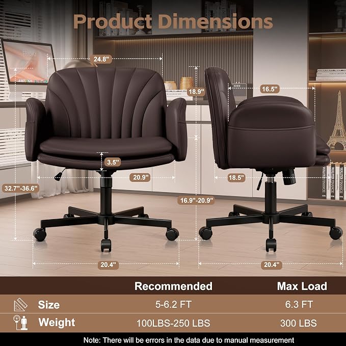 Vonesse Criss Cross Office Chair with Wheels & Armrests, Height Adjustable Vanity Chair, Makeup Chairs with Side Pockets Design, Comfortable Computer Desk Chairs for Home (PU Leather,Brown)
