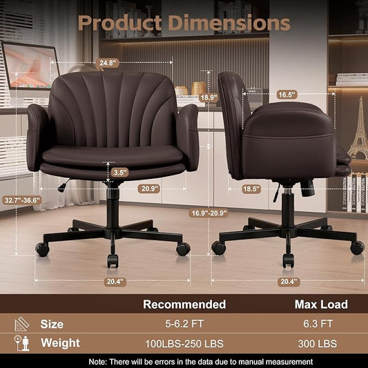 Vonesse Criss Cross Office Chair with Wheels & Armrests, Height Adjustable Vanity Chair, Makeup Chairs with Side Pockets Design, Comfortable Computer Desk Chairs for Home (PU Leather,Brown)