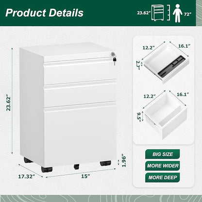 Superday File Cabinet 3 Drawer, Fully Assembled Metal Rolling Vertical Filing Cabinet with Wheels, Small Under Desk File Cabinets for Home Office (White)