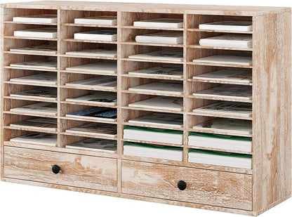 TQAVI Wood Classroom Mailbox 36 Compartments with 2 Drawer, Large Paper Organizer with Adjustable Shelves to Sorting Literature Bill, A4 Size File Organizer for Office School Home, Retro White