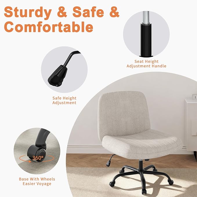 Shintenchi Criss Cross Chair,Cross Legged Office Seat with Wheels Armless Swivel Vanity Chair,Height Adjustable Wide Computer Task Seating for Home Office,Beige