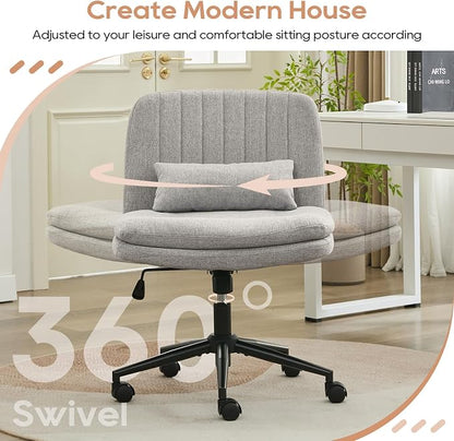 IPKIG Criss Cross Chair, Small Armless Desk Office Computer Chair with Wheels and Lumbar Pillow, Comfy Adjustable Swivel Task Vanity Chair Linen, Grey